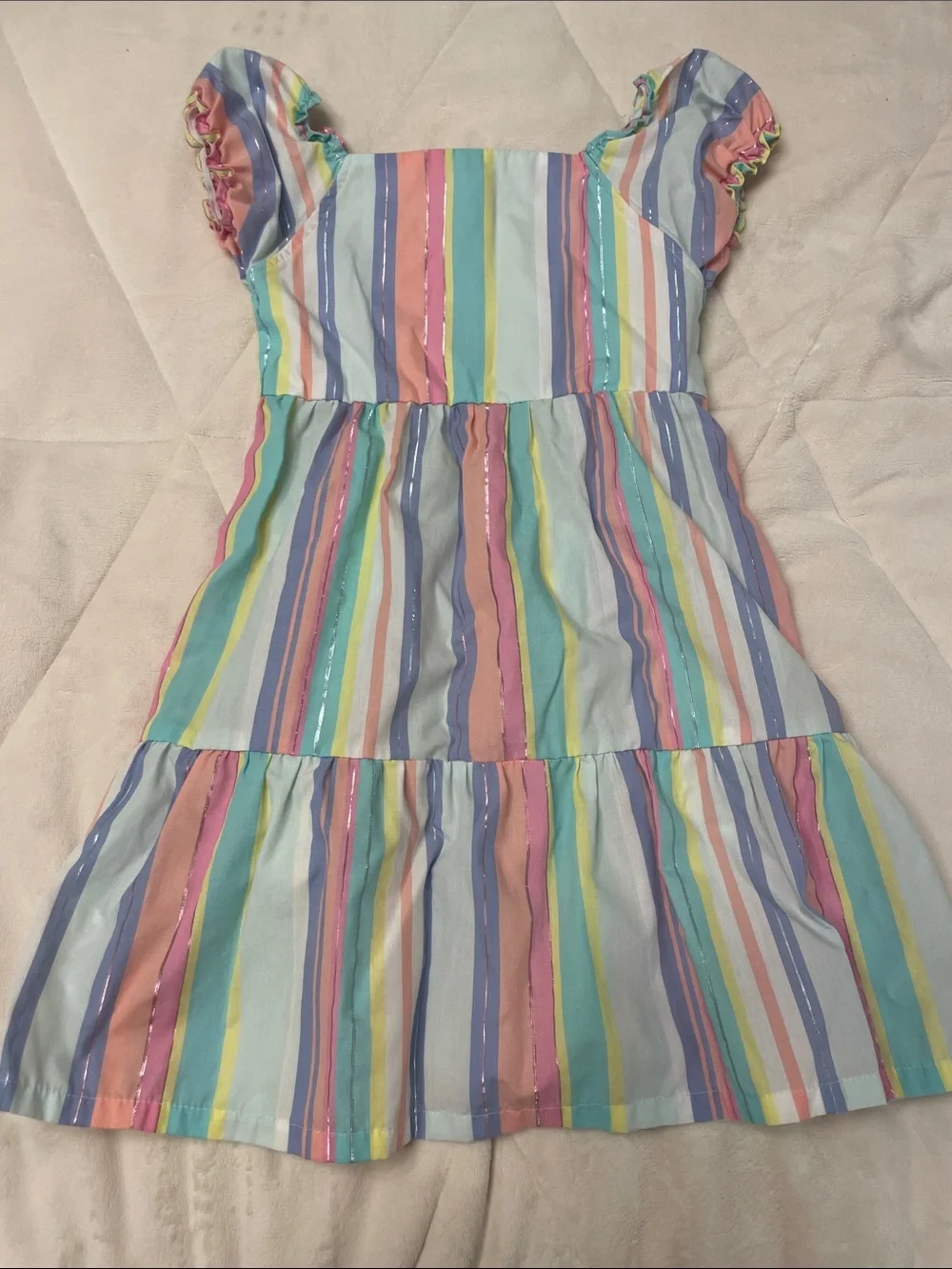 Penelope Mack Pastel Multi-Stripe Button-Up Tiered Dress